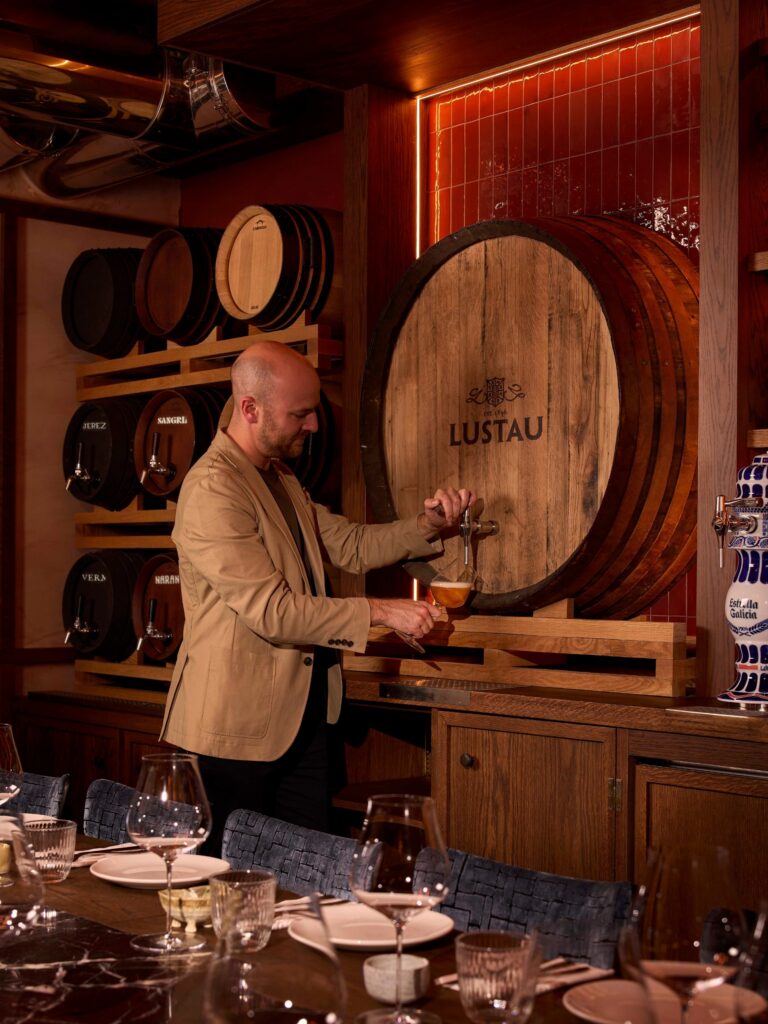 Pouring sherry straight from the Lustau cask in Txoko